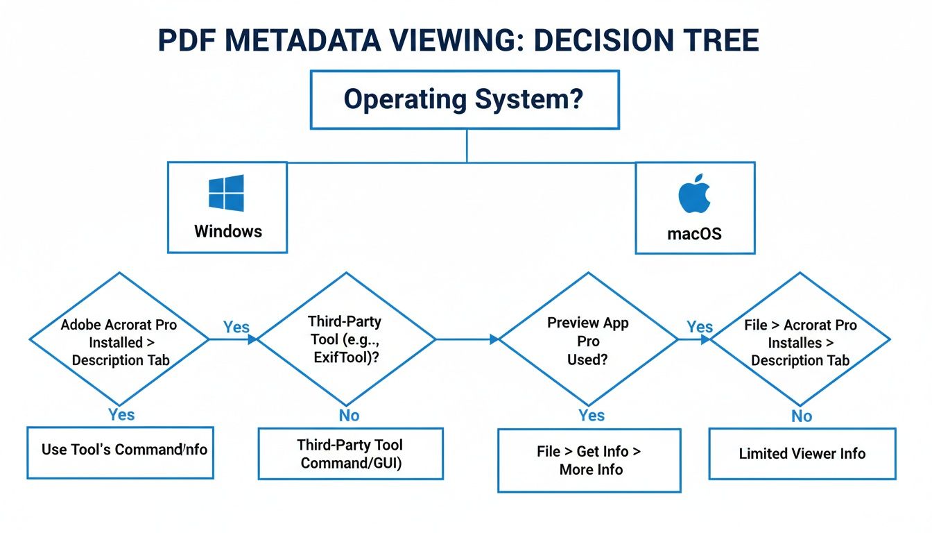 A decision tree flowchart for viewing PDF metadata on Windows and macOS operating systems.