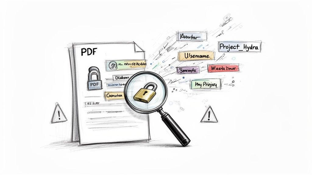 Digital sketch showing a PDF file, locks, and a magnifying glass examining hidden data.