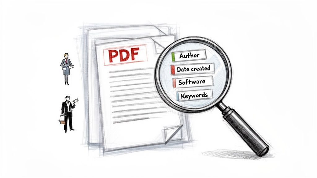 A magnifying glass inspecting a PDF document to reveal metadata: Author, Date created, Software, Keywords.