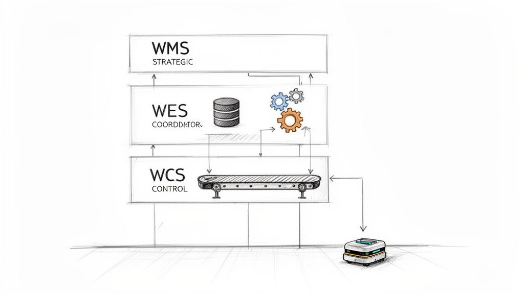 Diagram illustrating a warehouse automation software architecture with WMS, WES, and WCS layers controlling a conveyor and an autonomous mobile robot.