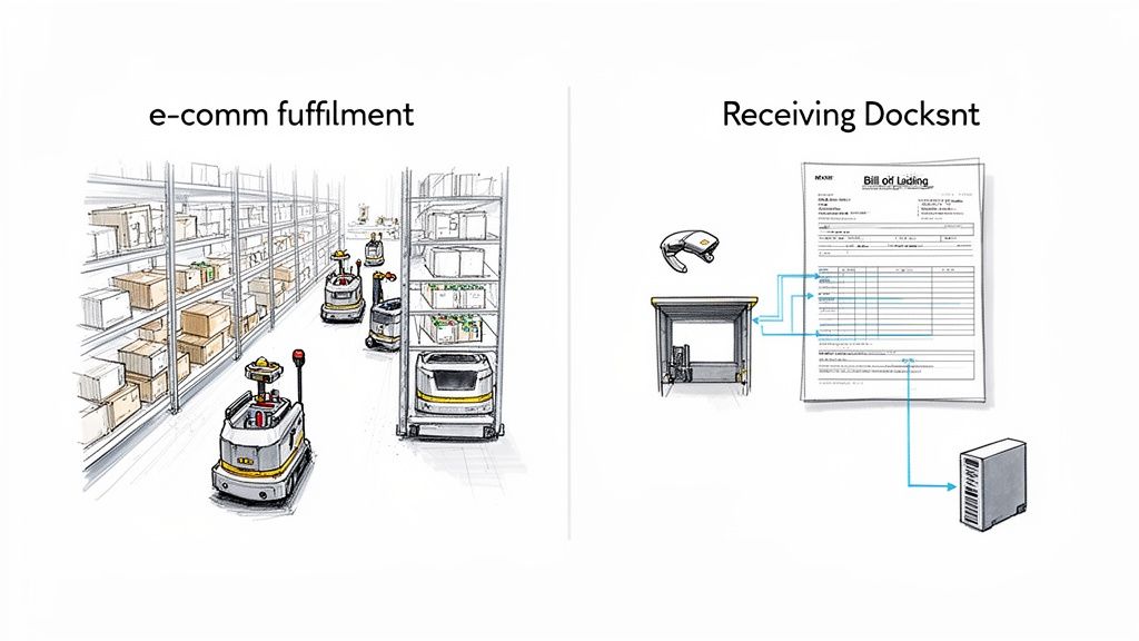 Illustration of warehouse automation, showing e-commerce fulfillment with robots and receiving docks processing bills of lading.