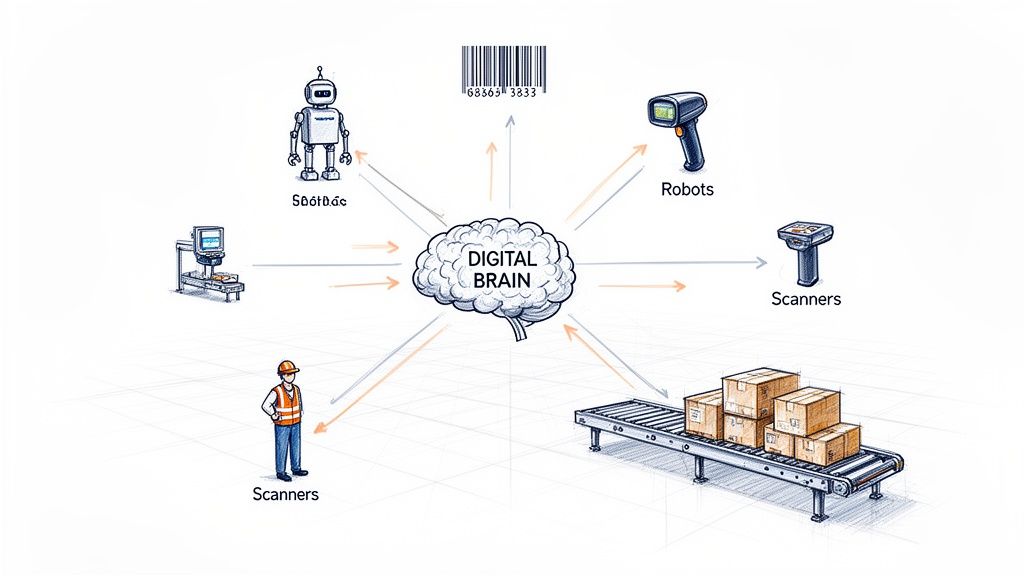 Digital Brain central to warehouse automation, connecting robots, scanners, barcodes, machines, and workers.