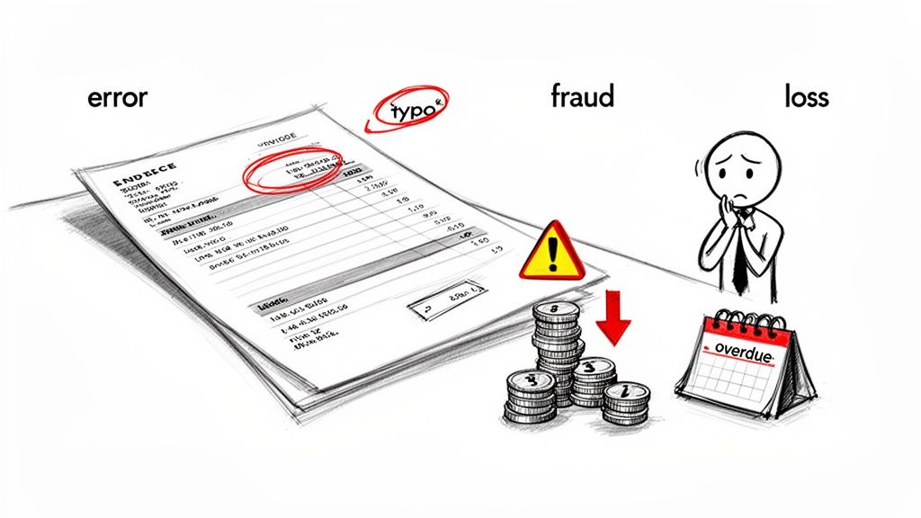 Illustration depicting financial errors, fraud, and the resulting monetary loss, including an overdue calendar.