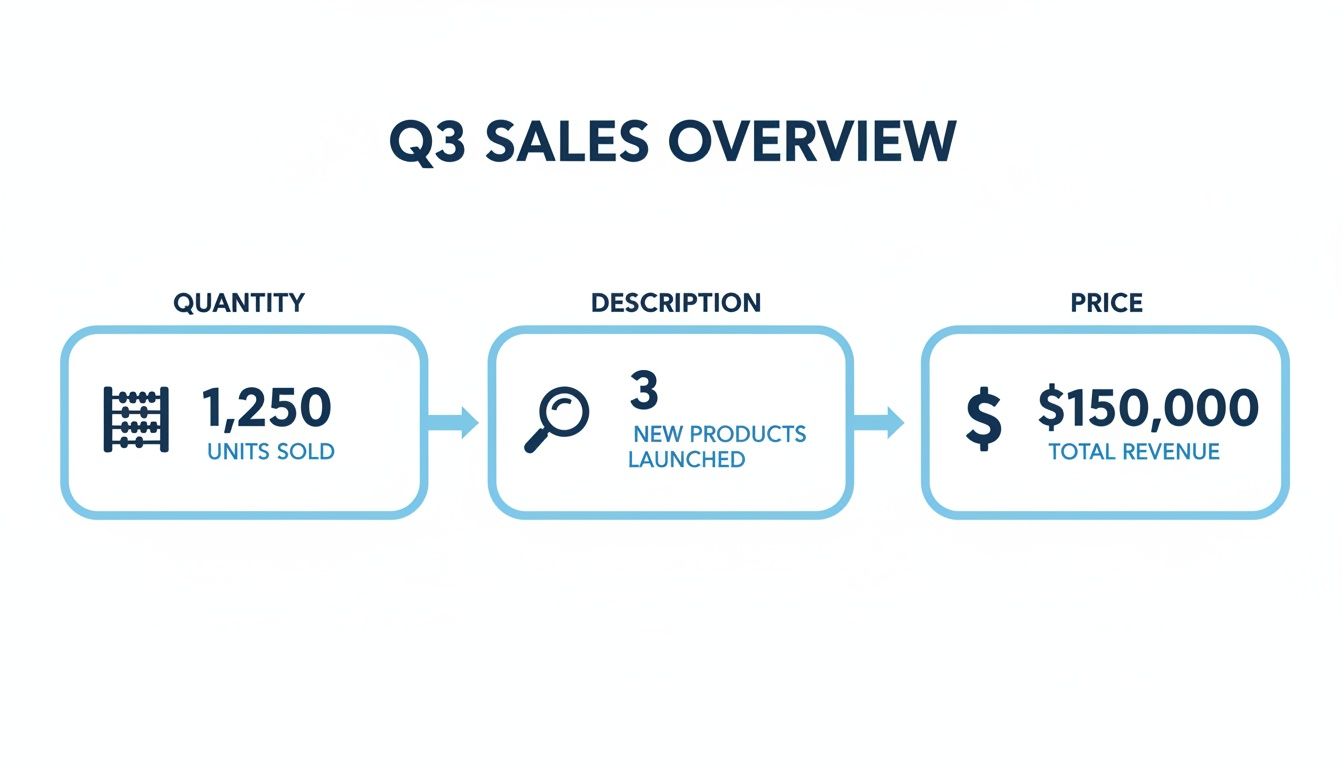 Q3 Sales Overview displaying 1,250 units sold, 3 new products launched, and $150,000 total revenue.
