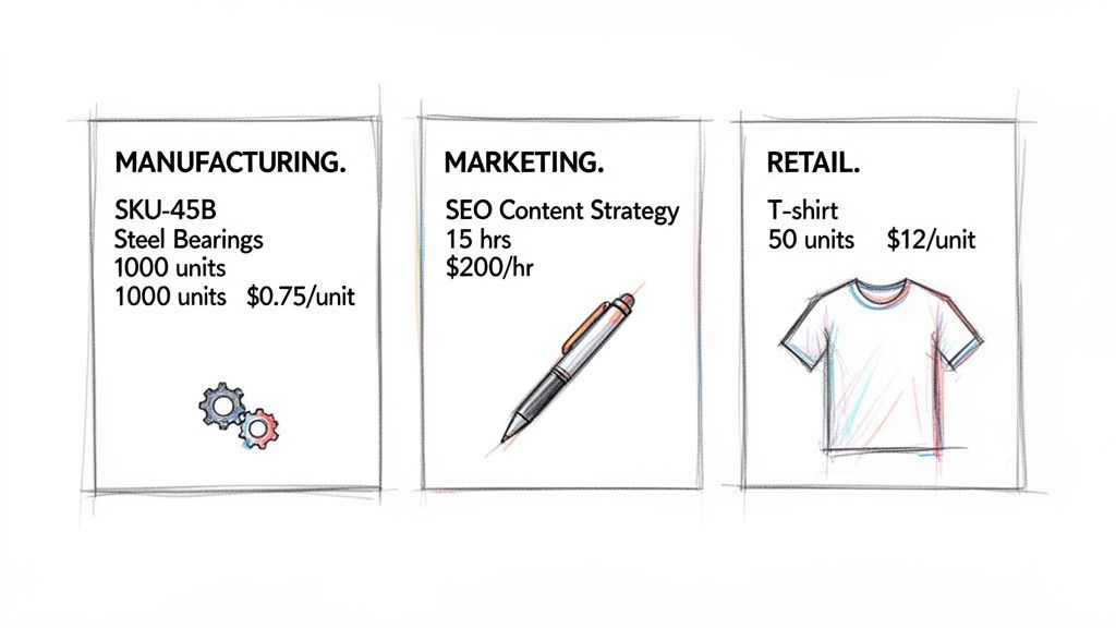 Three panels illustrate manufacturing, marketing, and retail line items with costs and unit details.