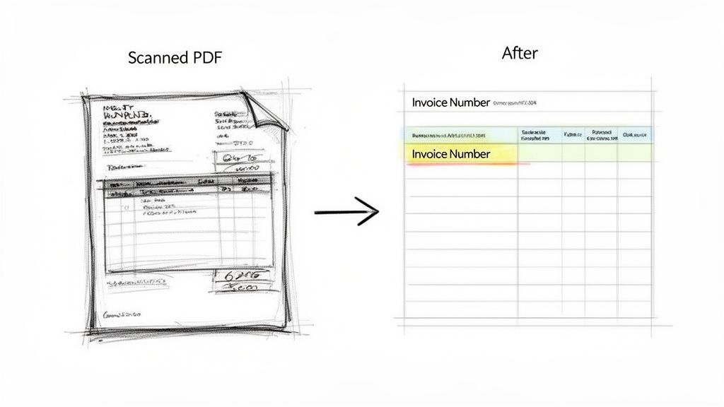Comparison of a hand-drawn scanned invoice before and after digital conversion to a structured table.