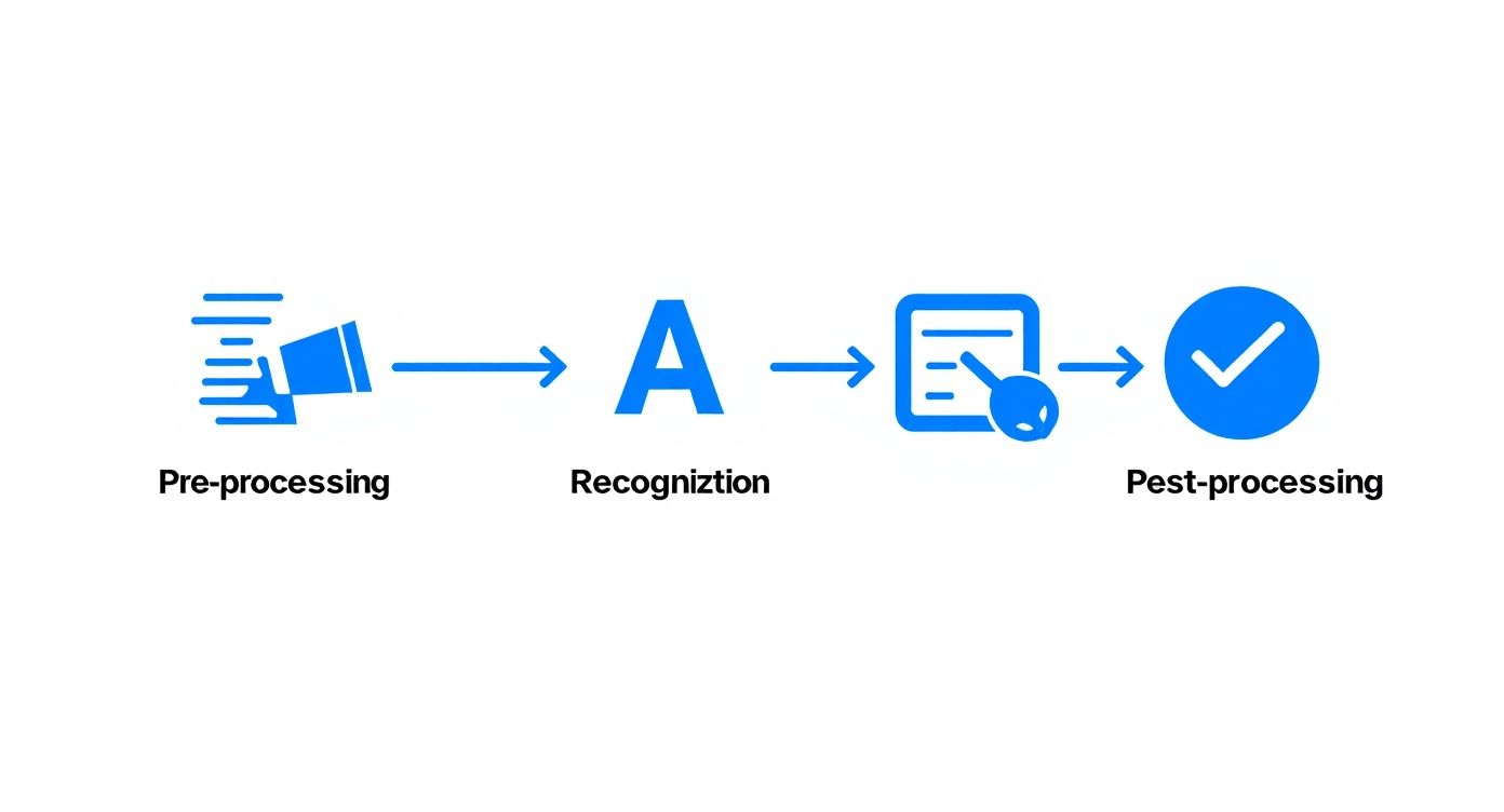 Infographic showing the three-step process of OCR: Preprocessing with a cleaning brush icon, Recognition with a letter 'A' icon, and Post-processing with a checkmark icon.