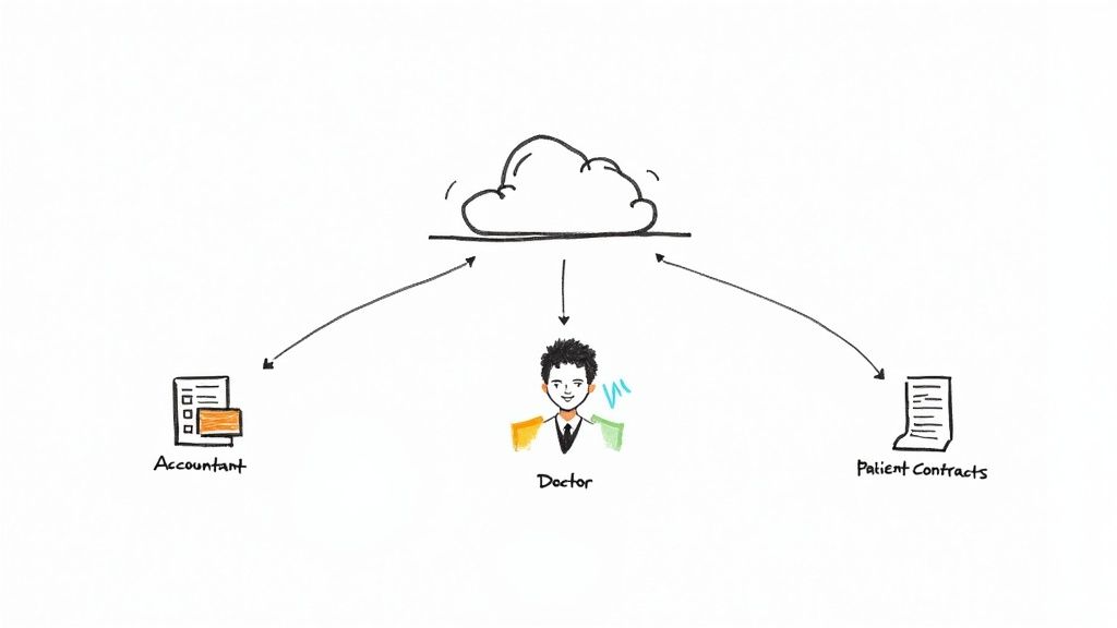 A person at a desk using OCR software on a computer to process invoices and receipts, showcasing a modern business workflow.