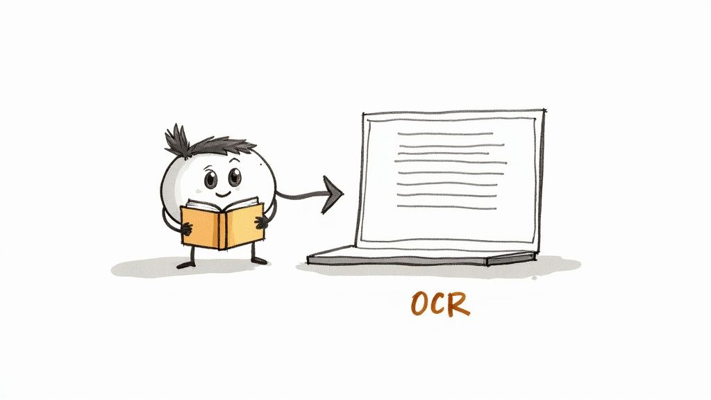 A person's hands holding a smartphone, taking a picture of a printed document to digitize it using OCR technology.