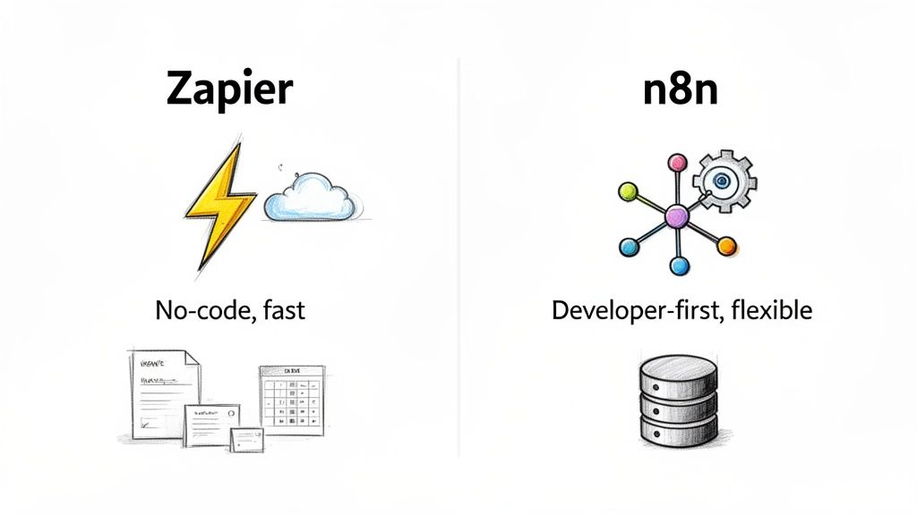Infographic comparing Zapier's no-code, fast approach with n8n's developer-first, flexible automation capabilities.