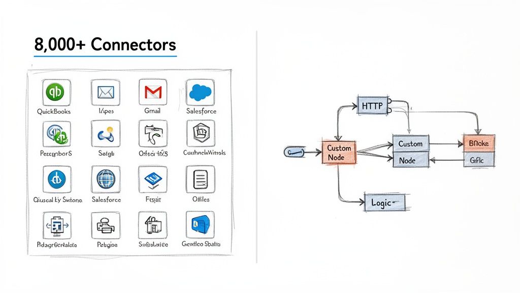 Diagram showing 8,000+ application connectors like QuickBooks, Gmail, Salesforce, and a workflow automation flowchart.
